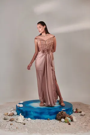 Nudish Pink Gradient Hand Embroidered Cutwork Detail Drape Gown; Side Drawstring  Tie-Down