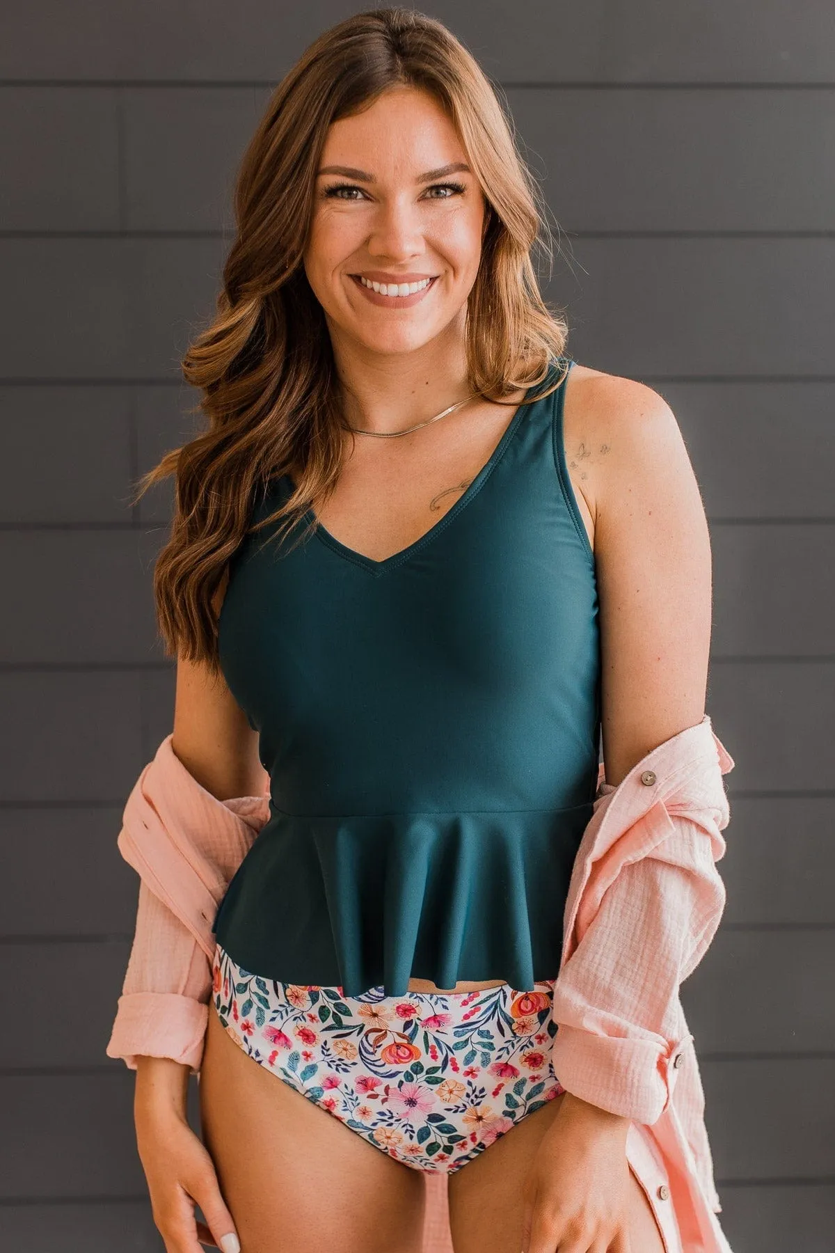 Ocean Breeze Peplum Tankini Swim Top- Teal