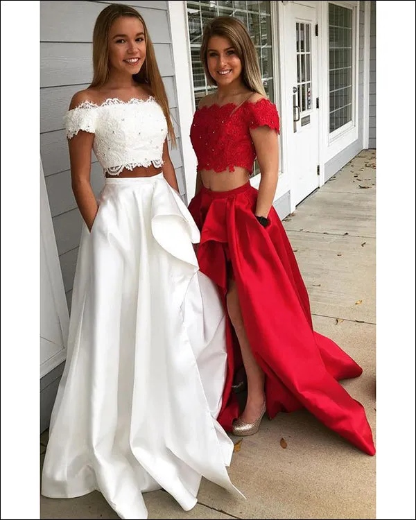 Off The Shoulder Burgundy Prom Dresses 2018 Lace Satin Hi-Lo Prom Gowns Ruffles