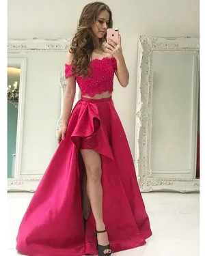 Off The Shoulder Burgundy Prom Dresses 2018 Lace Satin Hi-Lo Prom Gowns Ruffles