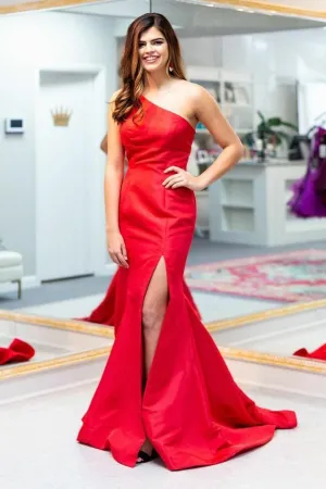 One-shoulder Mermaid Red Prom Dresses Satin Skirt
