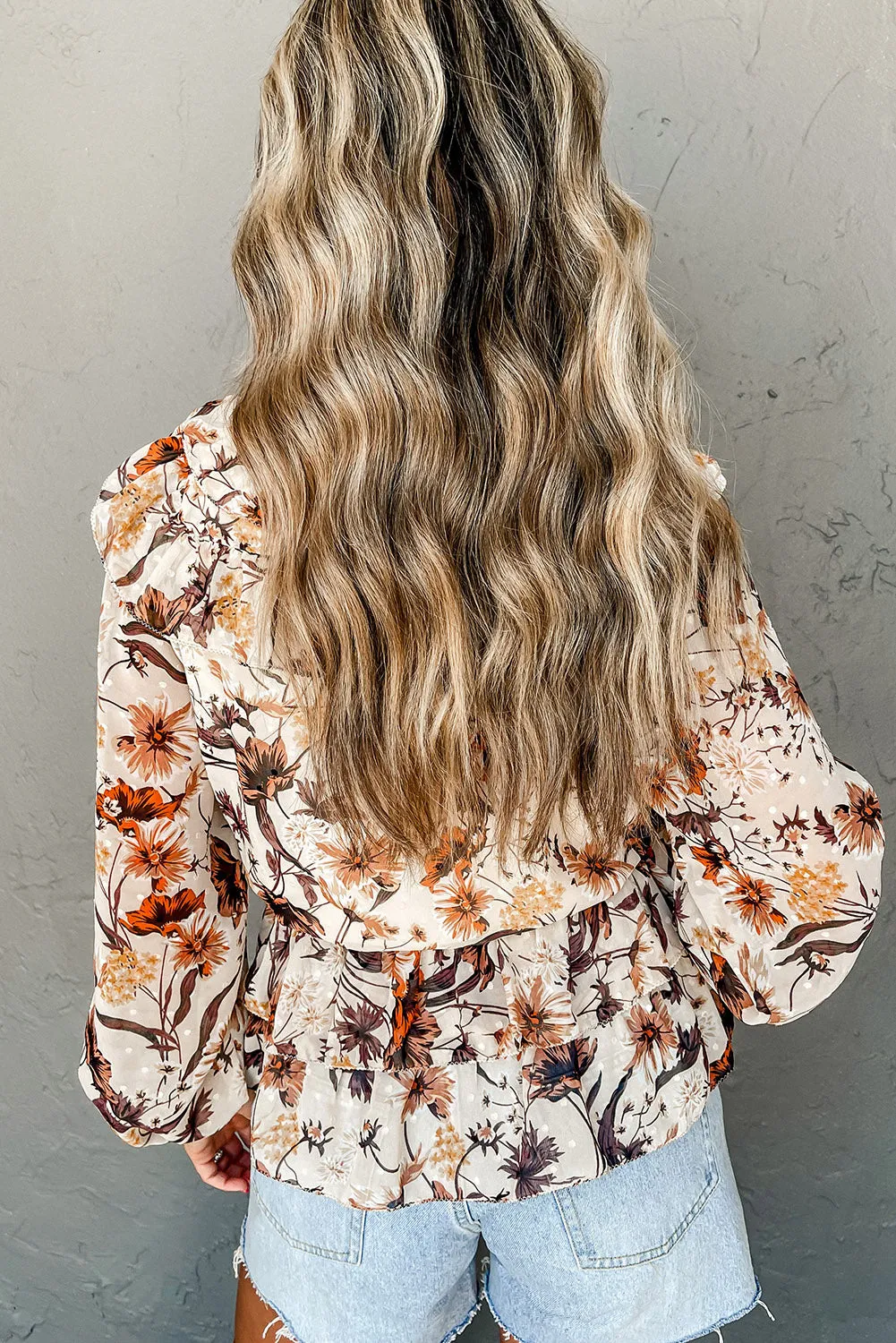 Parchment Floral Button Split Neck Long Sleeve Peplum Top