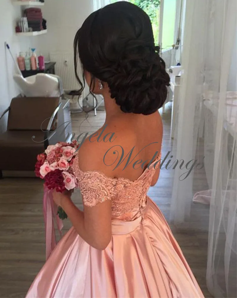 Pink Satin Prom Dresses Lace Appliqued A line Prom Gowns 2018