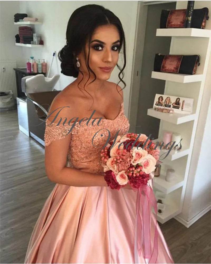 Pink Satin Prom Dresses Lace Appliqued A line Prom Gowns 2018