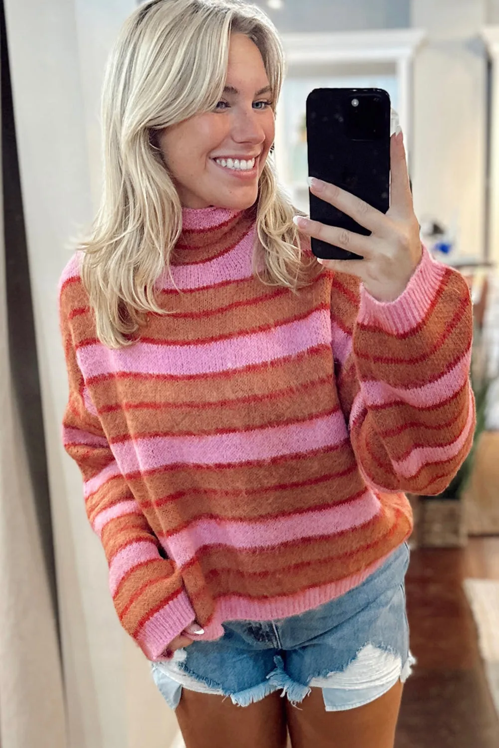 Pink Striped Knit High Neck Drop Shoulder Sweater