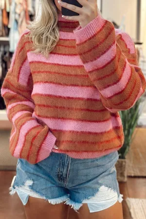 Pink Striped Knit High Neck Drop Shoulder Sweater