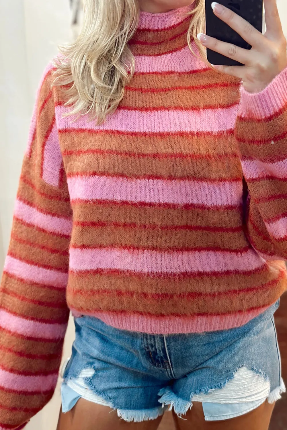 Pink Striped Knit High Neck Drop Shoulder Sweater