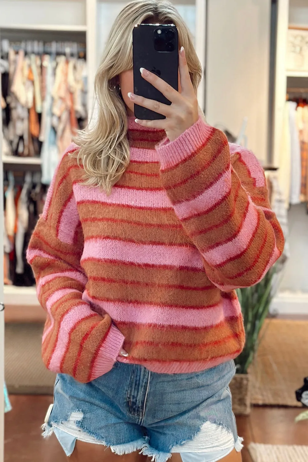 Pink Striped Knit High Neck Drop Shoulder Sweater