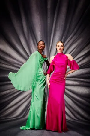 Pistachio Green Satin Shoulder Drape Gown