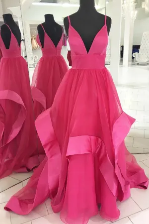 Plunging Neckline Prom Pageant Dress with Tulle Satin Edged