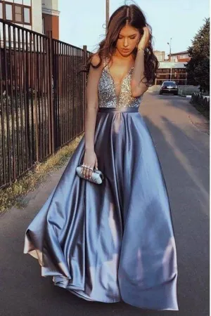 Plunging V-neckline Rhinestones Prom Dresses with Satin Skirt