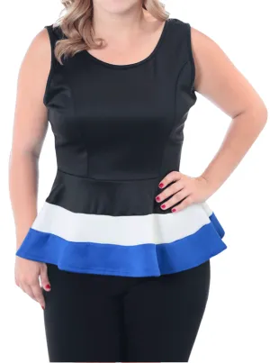 Plus Size Block Banding Slick Peplum Blue Top