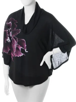 Plus Size Butterfly Sleeve Flower Black Top