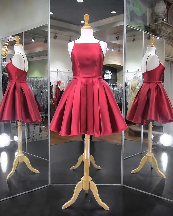 Popular 2018 Burgundy Satin Skirt Homecoming Dresses Spaghetti Straps Ball Gown Prom Party Gowns