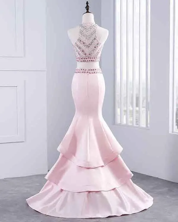Popular2018 Pink Two Piece Prom Dresses Beaded Elastic Satin Mermaid Prom Party Gowns