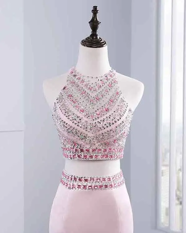 Popular2018 Pink Two Piece Prom Dresses Beaded Elastic Satin Mermaid Prom Party Gowns