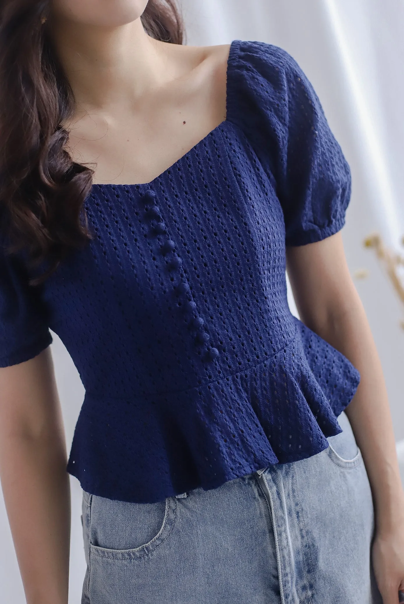 *Premium* Lennie Lattice Peplum Top In Navy Blue