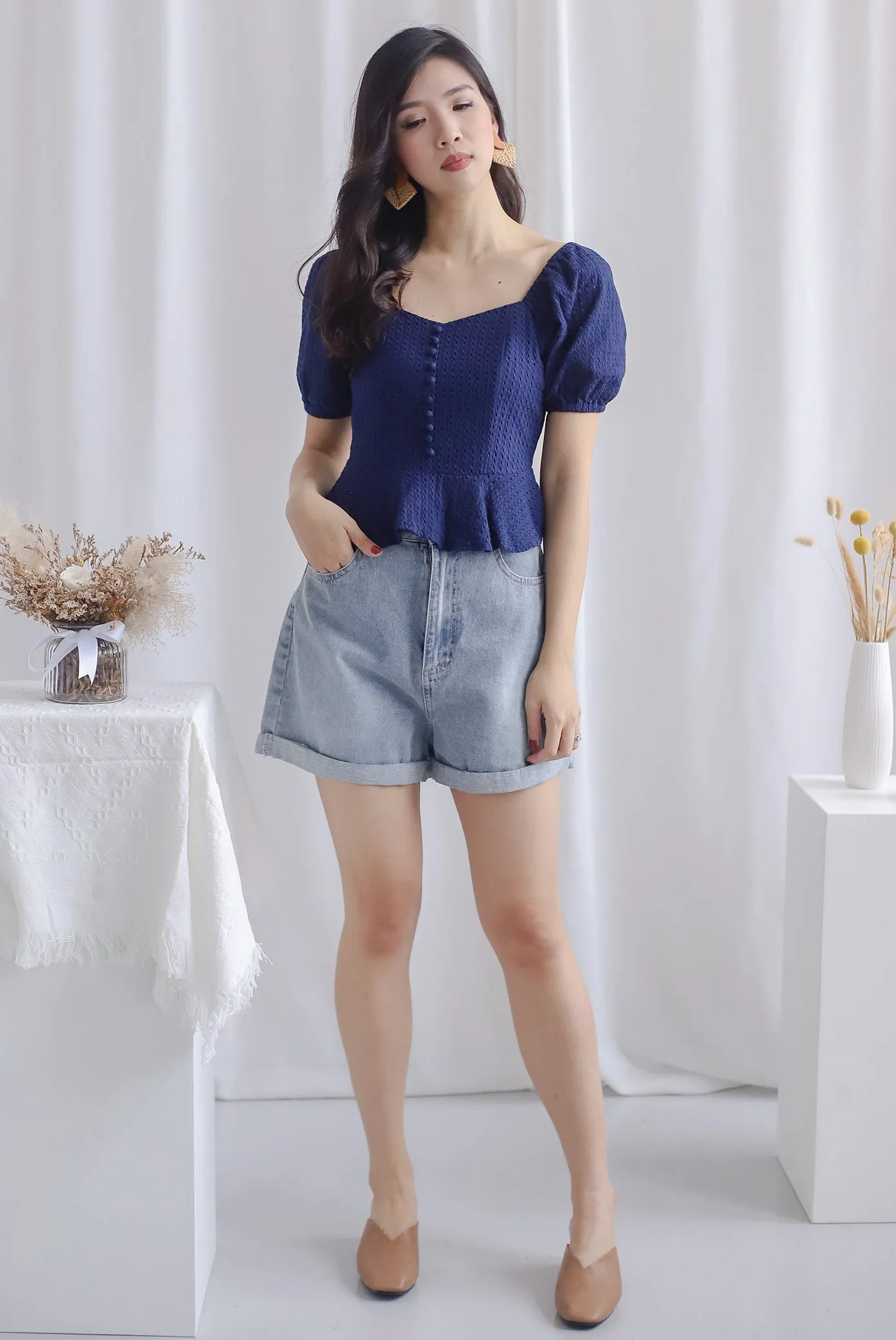 *Premium* Lennie Lattice Peplum Top In Navy Blue