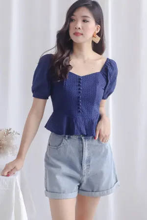 *Premium* Lennie Lattice Peplum Top In Navy Blue
