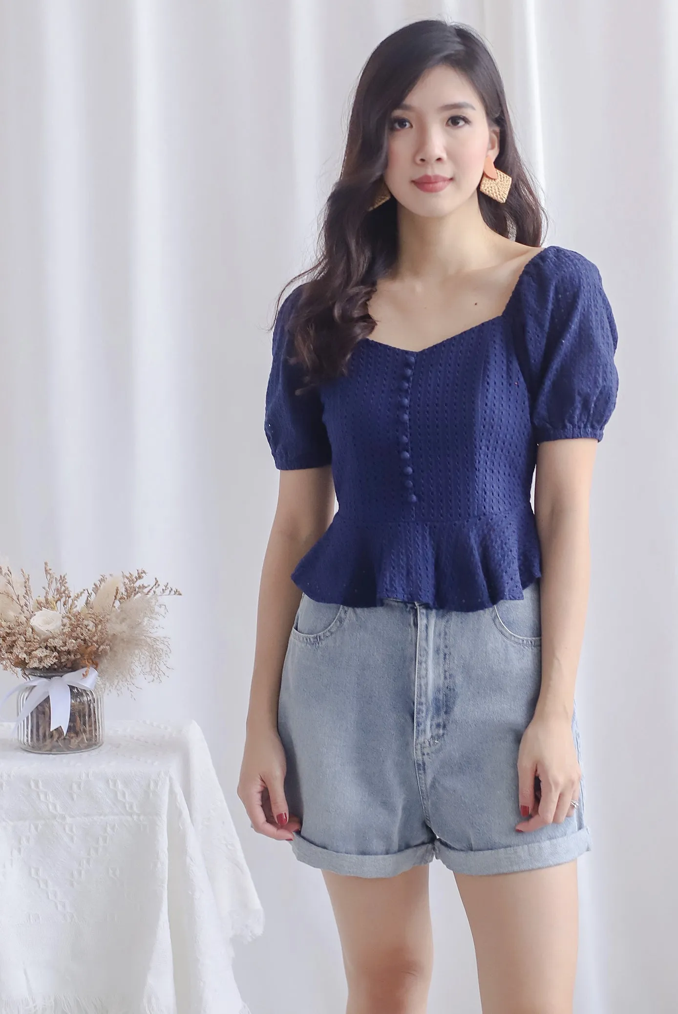 *Premium* Lennie Lattice Peplum Top In Navy Blue