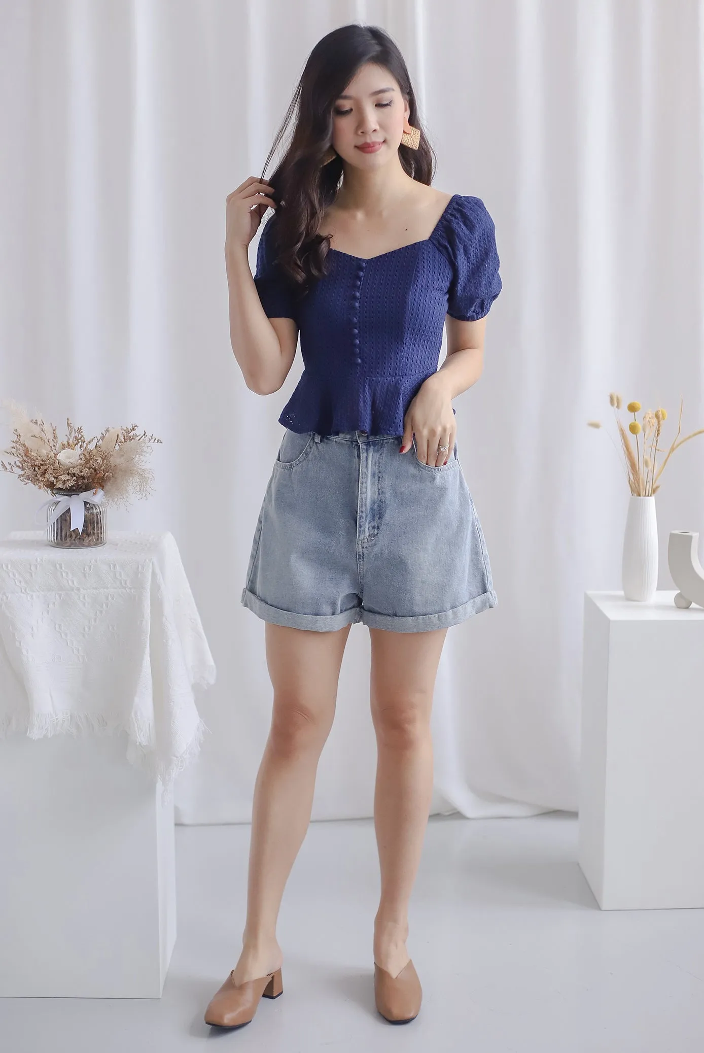 *Premium* Lennie Lattice Peplum Top In Navy Blue