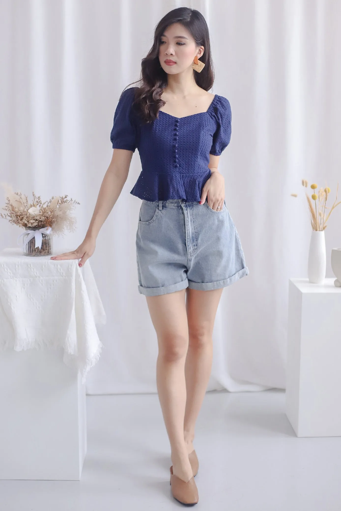 *Premium* Lennie Lattice Peplum Top In Navy Blue