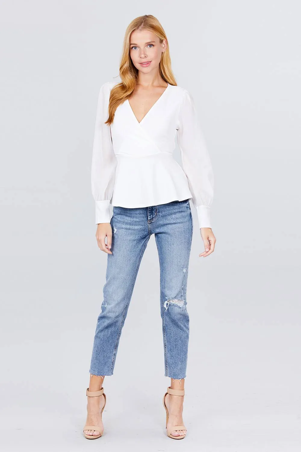 Puff Sleeve V-neck Peplum Top