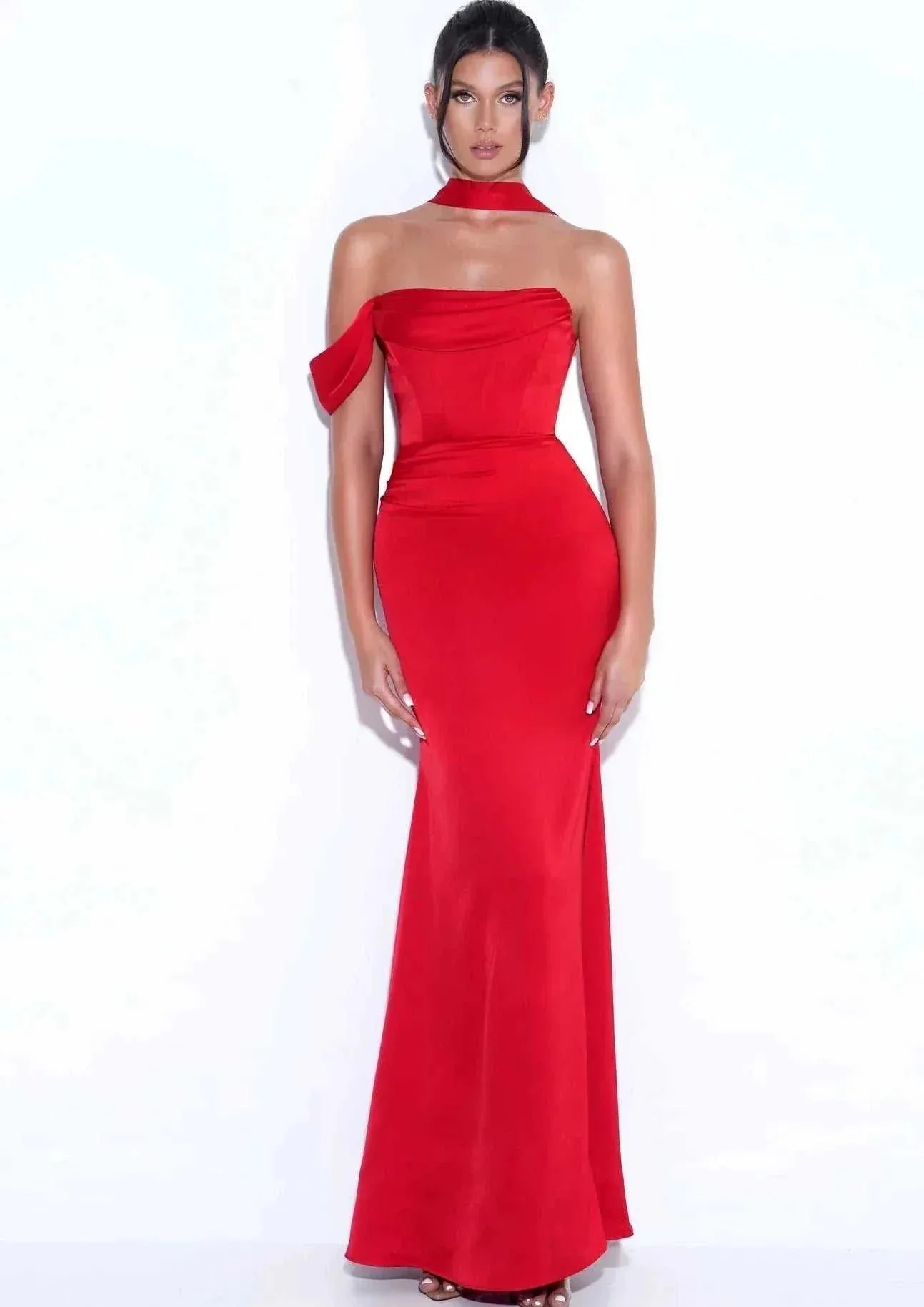 "ARIANE" RED HALTER NECK DOUBLE DUCHESS SATIN GOWN