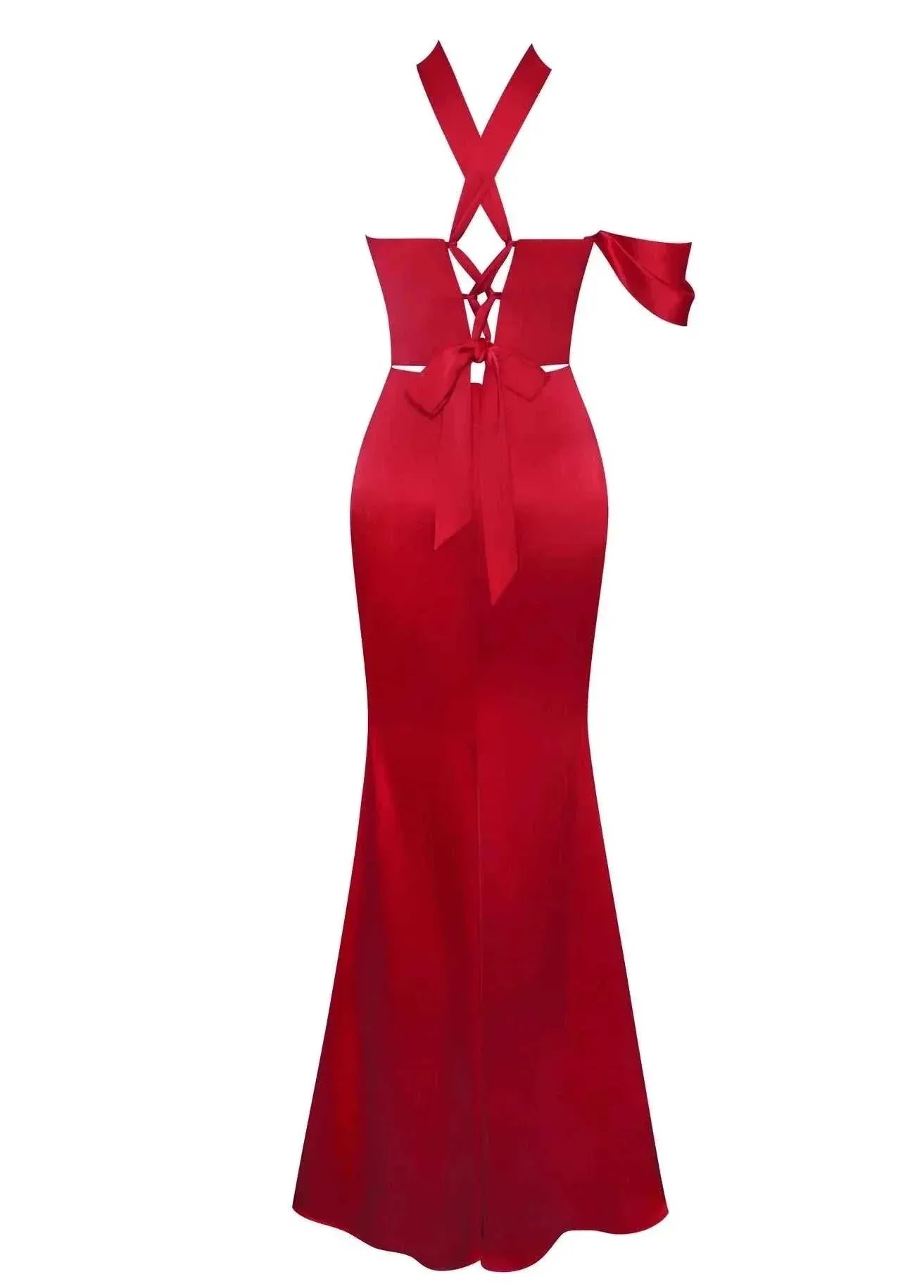 "ARIANE" RED HALTER NECK DOUBLE DUCHESS SATIN GOWN