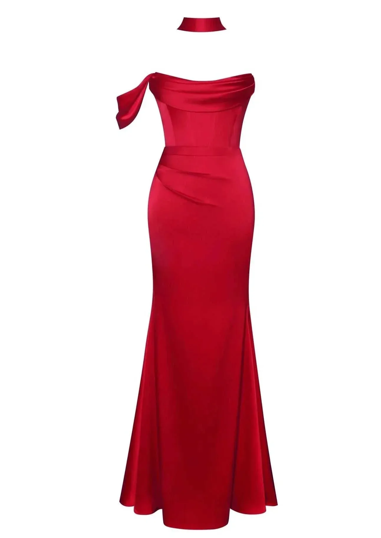 "ARIANE" RED HALTER NECK DOUBLE DUCHESS SATIN GOWN