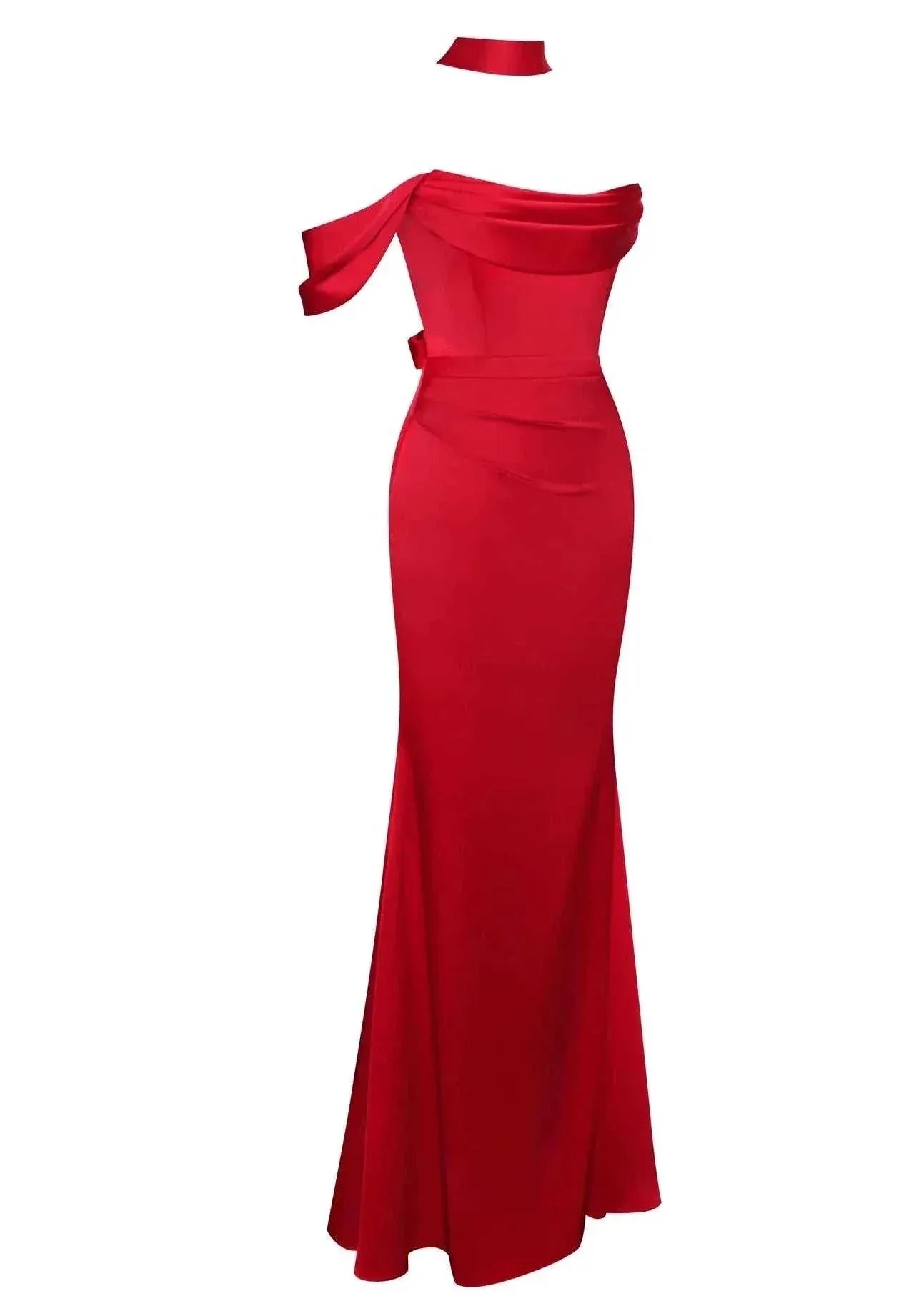 "ARIANE" RED HALTER NECK DOUBLE DUCHESS SATIN GOWN