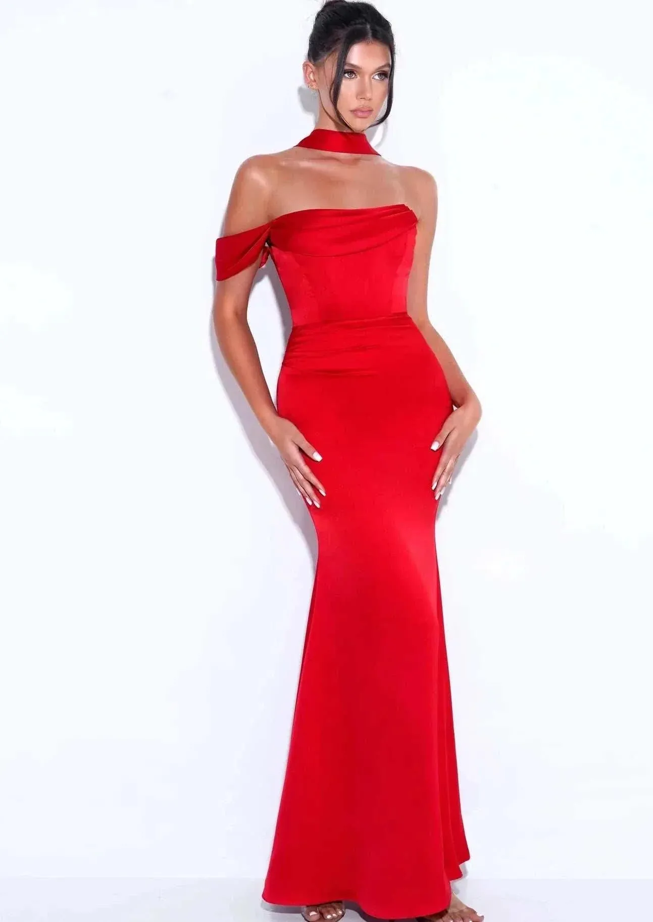 "ARIANE" RED HALTER NECK DOUBLE DUCHESS SATIN GOWN