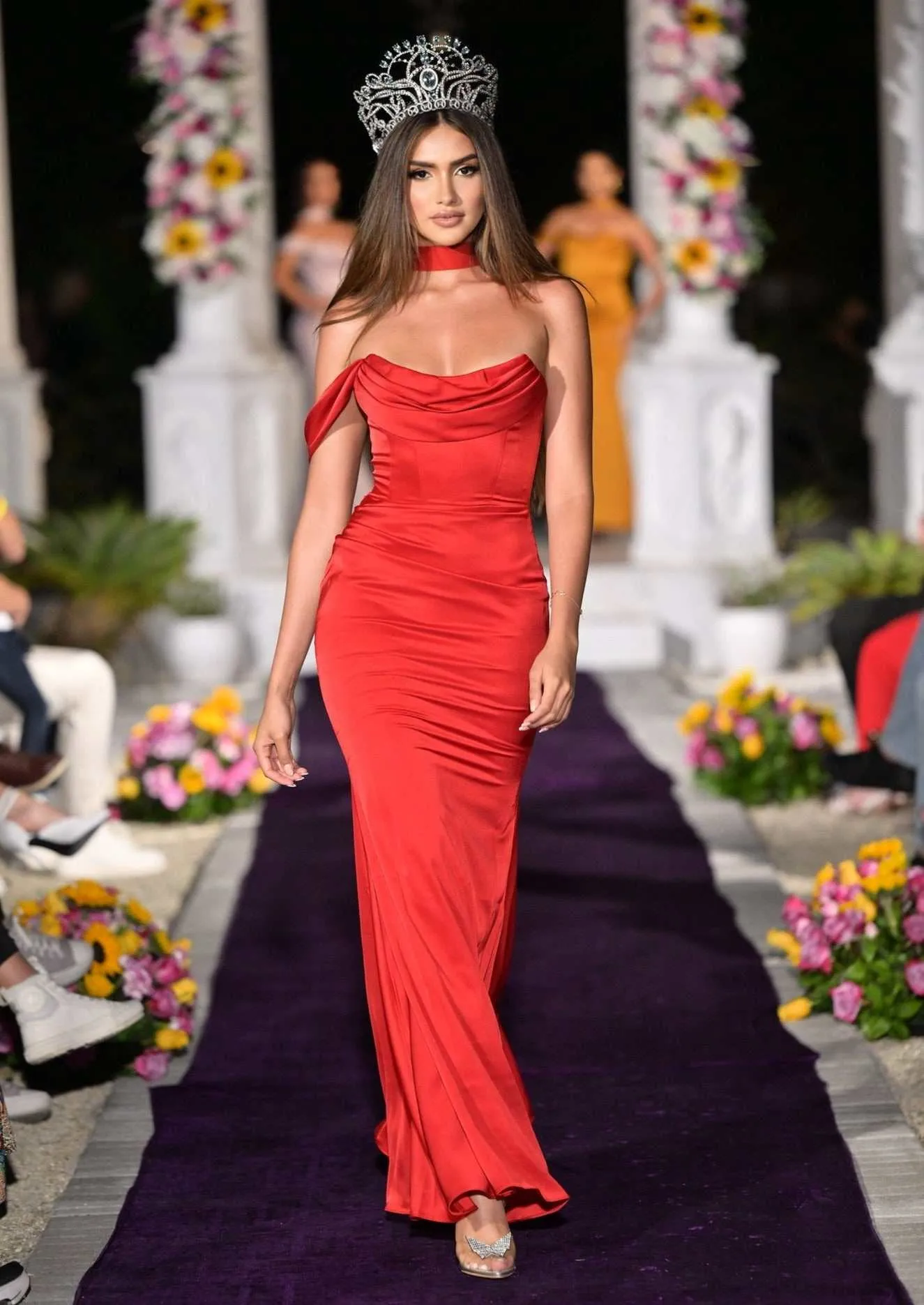 "ARIANE" RED HALTER NECK DOUBLE DUCHESS SATIN GOWN