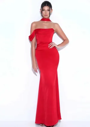 "ARIANE" RED HALTER NECK DOUBLE DUCHESS SATIN GOWN