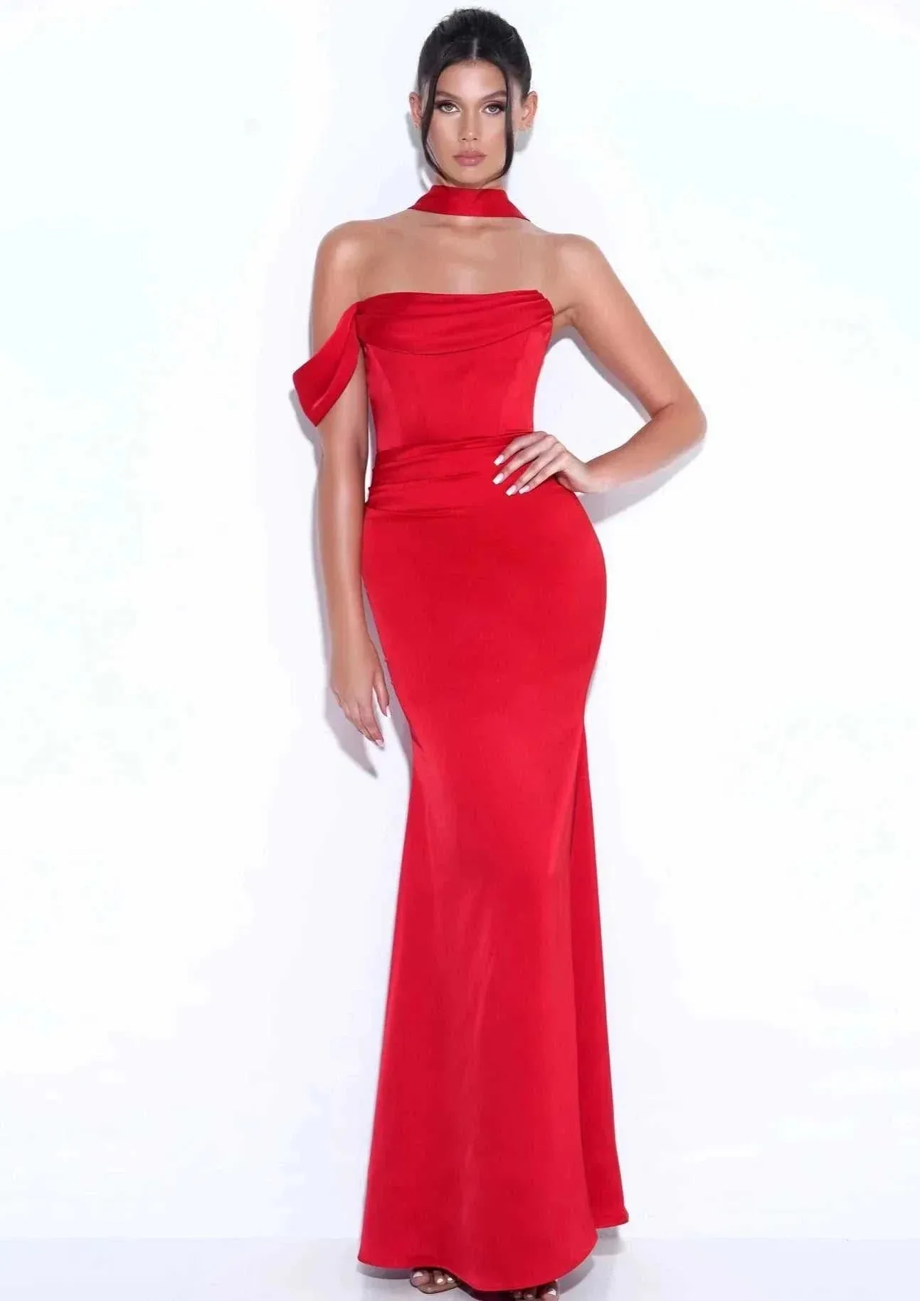 "ARIANE" RED HALTER NECK DOUBLE DUCHESS SATIN GOWN