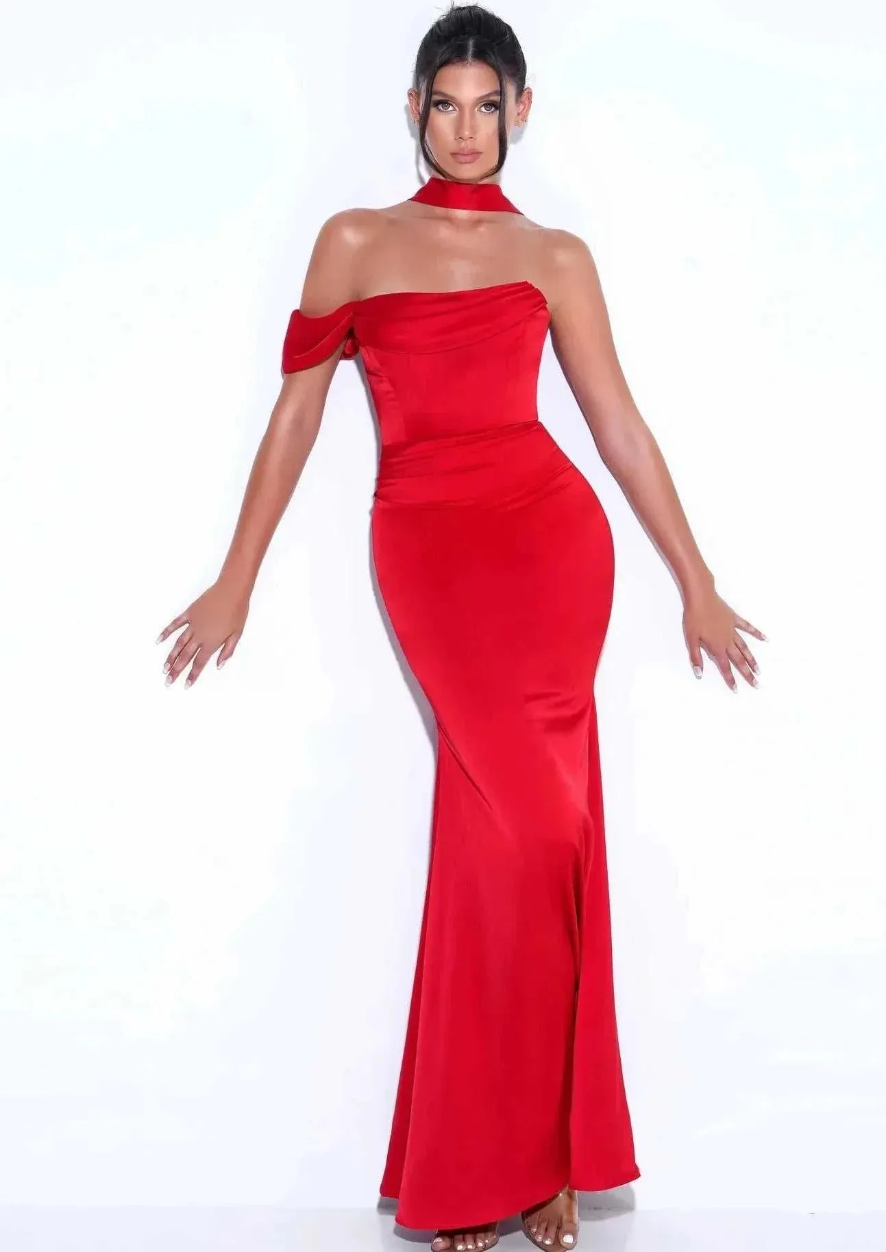 "ARIANE" RED HALTER NECK DOUBLE DUCHESS SATIN GOWN