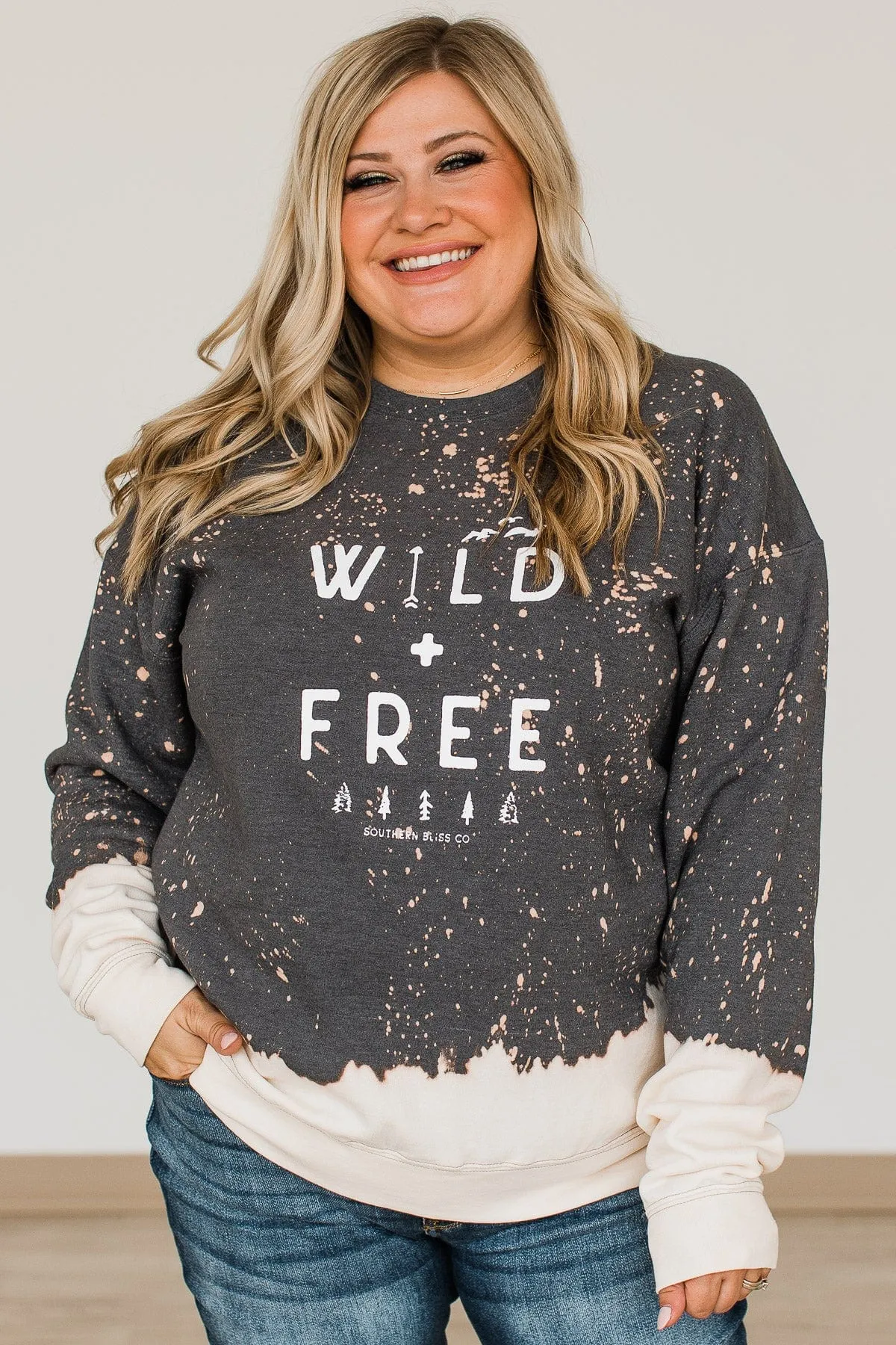"Wild   Free" Crew Neck Pullover- Charcoal