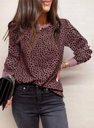 Red Animal Spotted Print Round Neck Long Sleeve Top