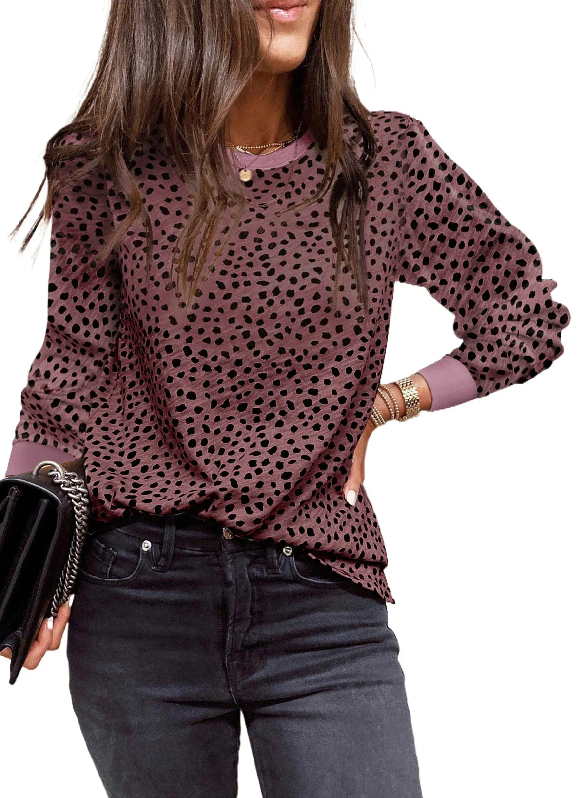 Red Animal Spotted Print Round Neck Long Sleeve Top