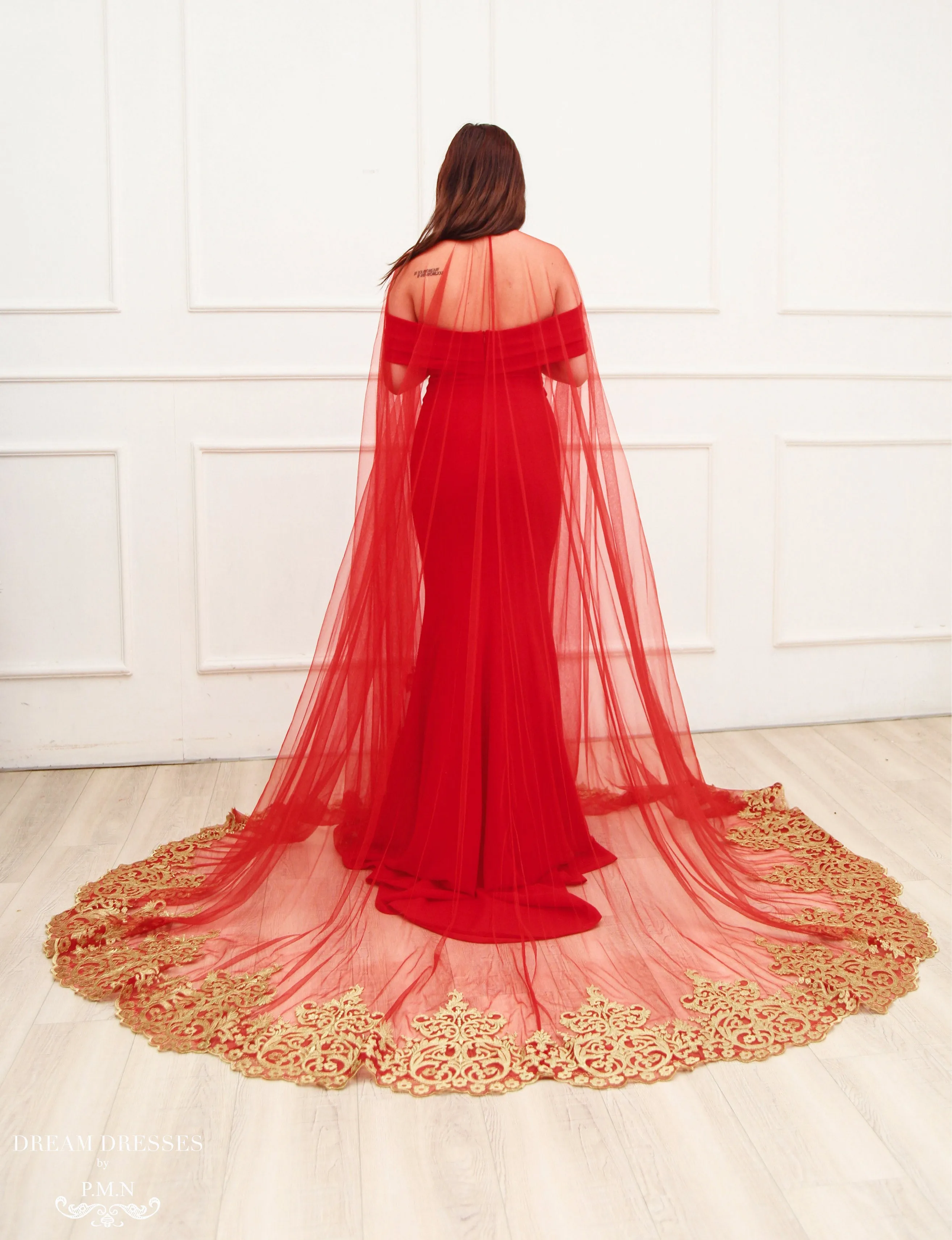 Red Crepe Bridal Gown with Side Slit (#Cathy)
