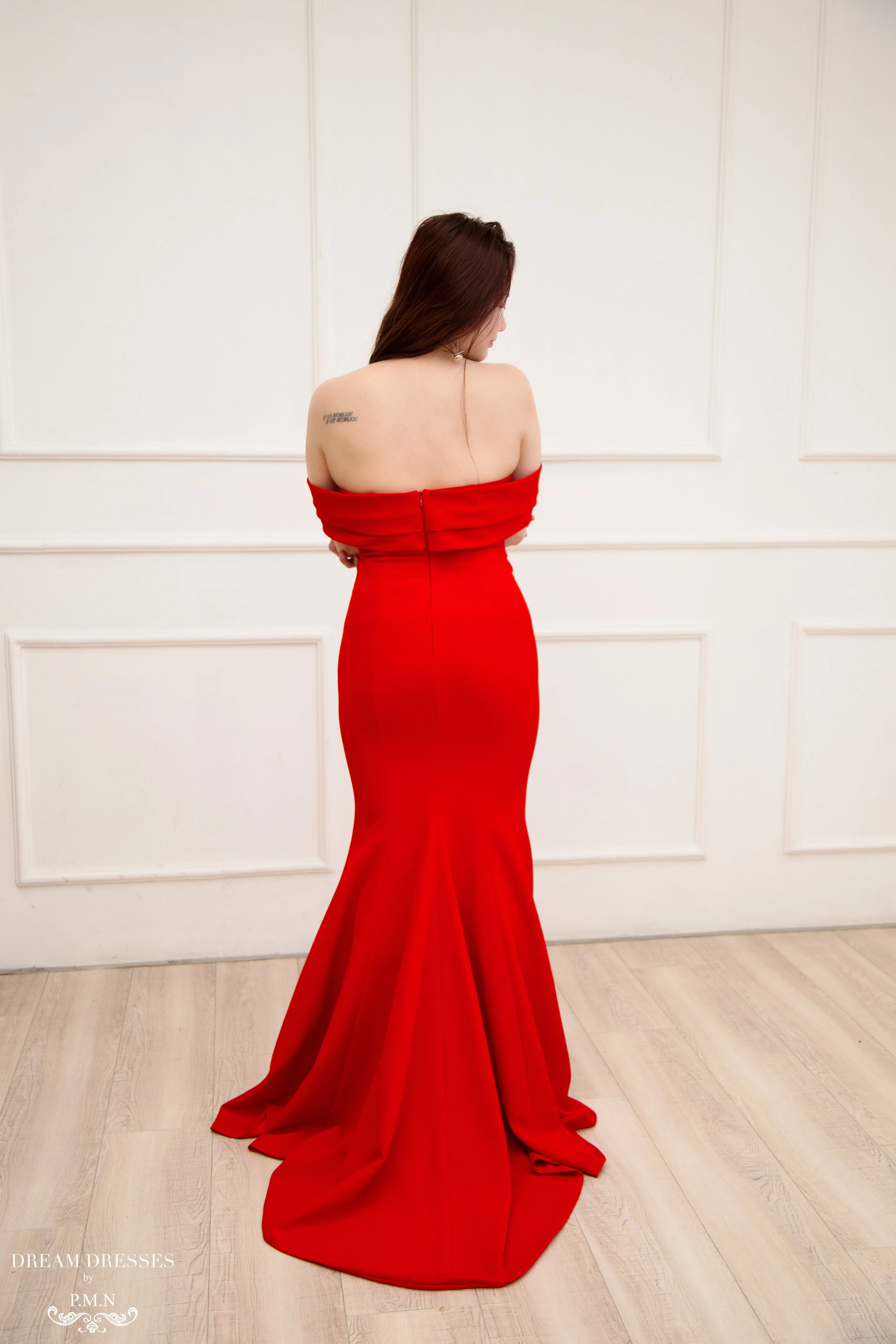 Red Crepe Bridal Gown with Side Slit (#Cathy)