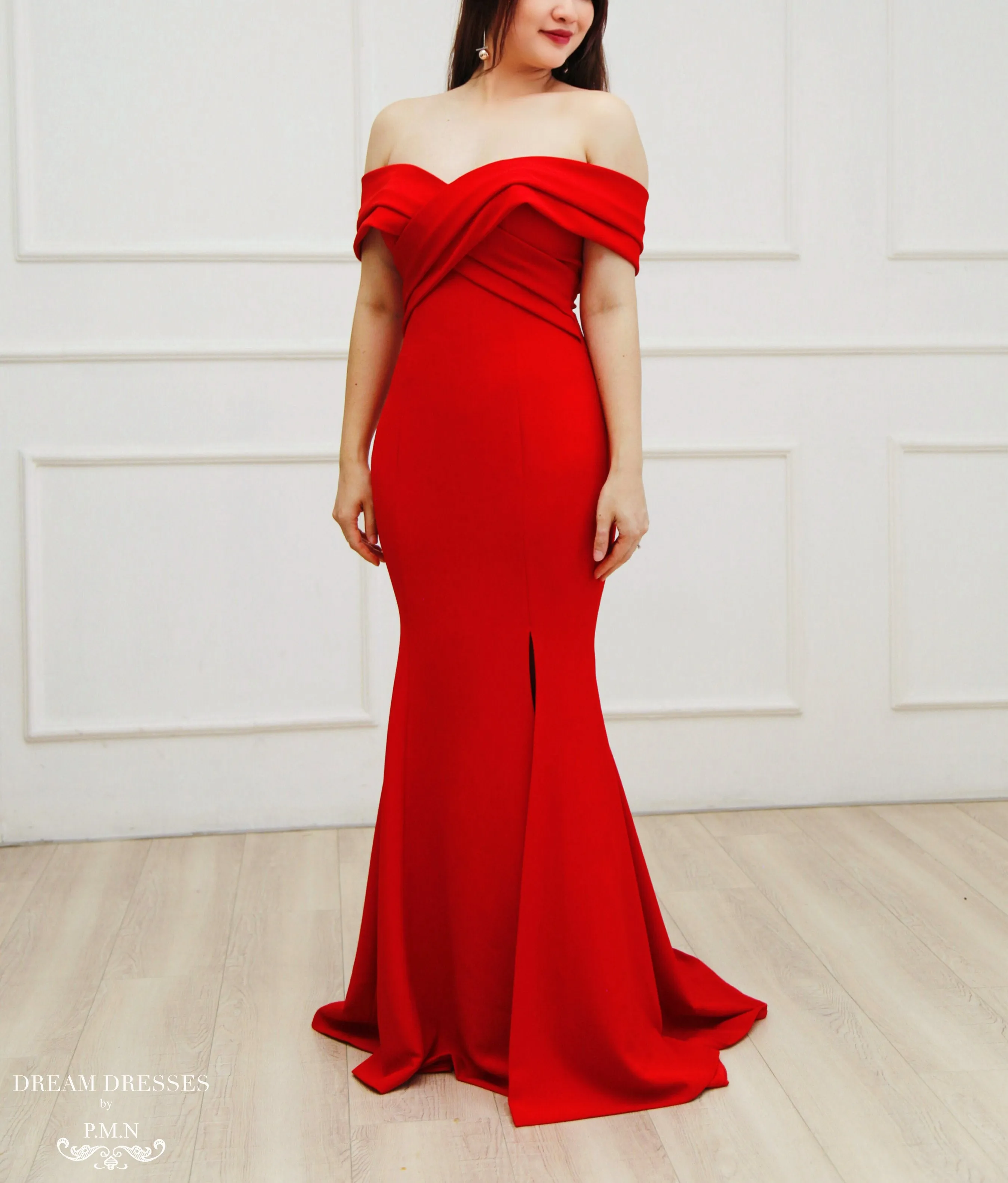 Red Crepe Bridal Gown with Side Slit (#Cathy)