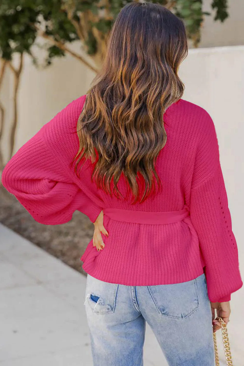 Rose Ribbed High Neck Hollowed Sleeve Belted Sweater