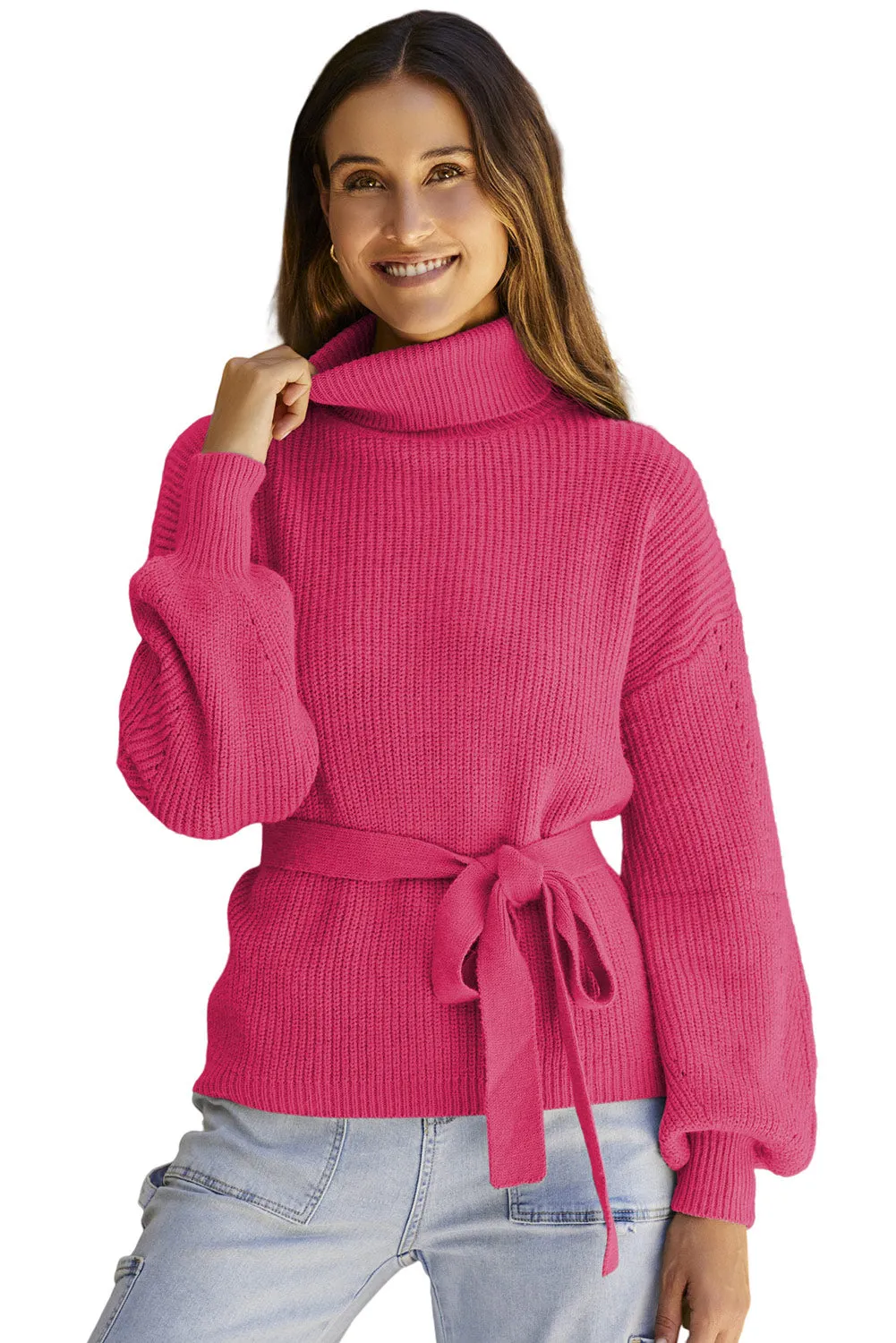 Rose Ribbed High Neck Hollowed Sleeve Belted Sweater