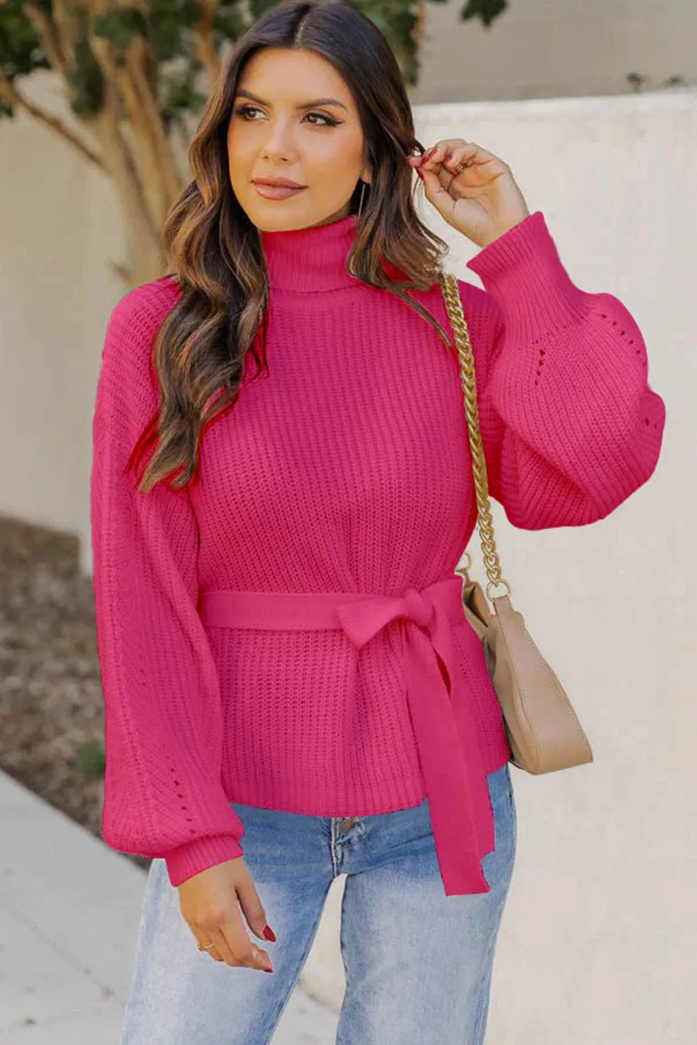 Rose Ribbed High Neck Hollowed Sleeve Belted Sweater