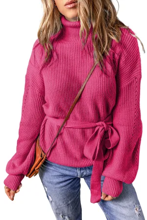 Rose Ribbed High Neck Hollowed Sleeve Belted Sweater