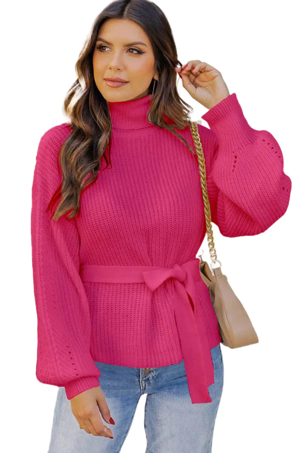 Rose Ribbed High Neck Hollowed Sleeve Belted Sweater