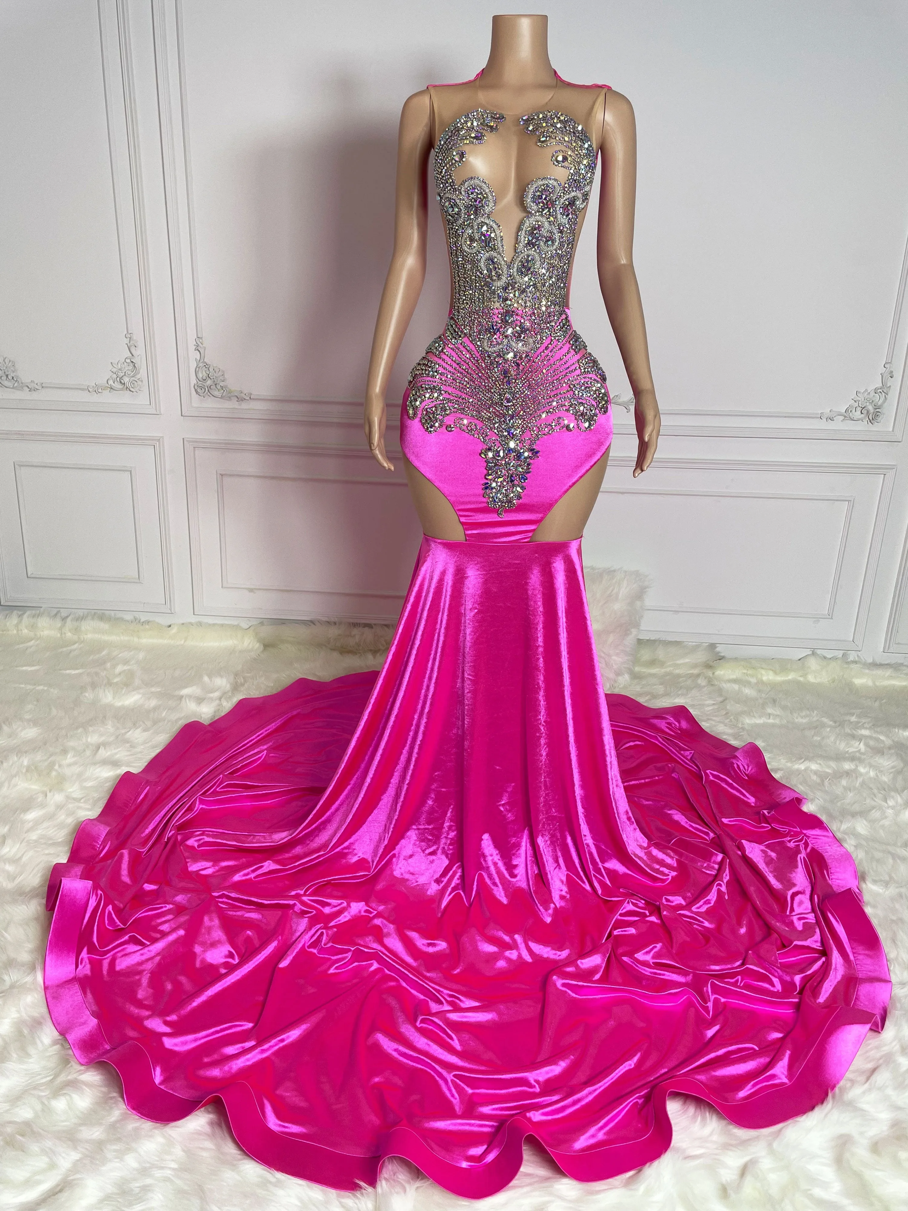 Rosy Cut Out and Rhinestone Sleeveless Maxi Gown