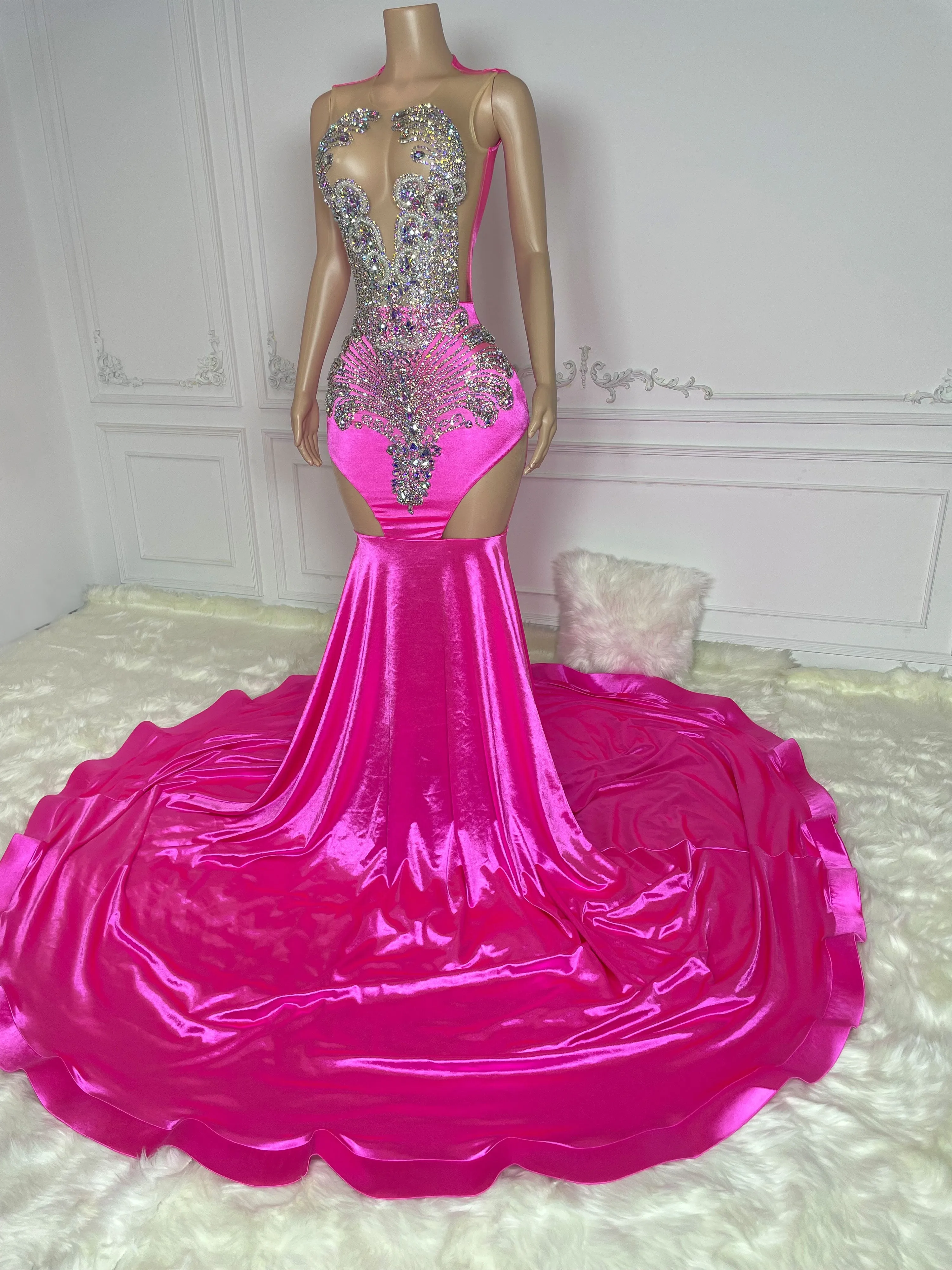 Rosy Cut Out and Rhinestone Sleeveless Maxi Gown