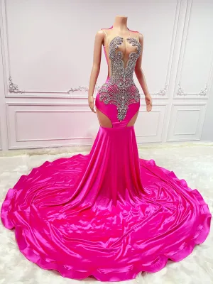 Rosy Cut Out and Rhinestone Sleeveless Maxi Gown